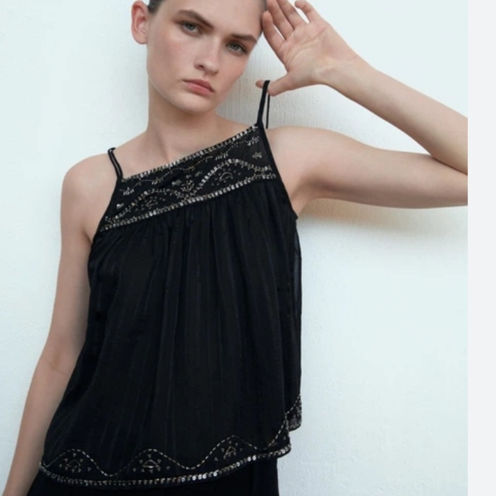 ZARA BEADED SPAGHETTI STRAP TOP BLACK MEDIUM